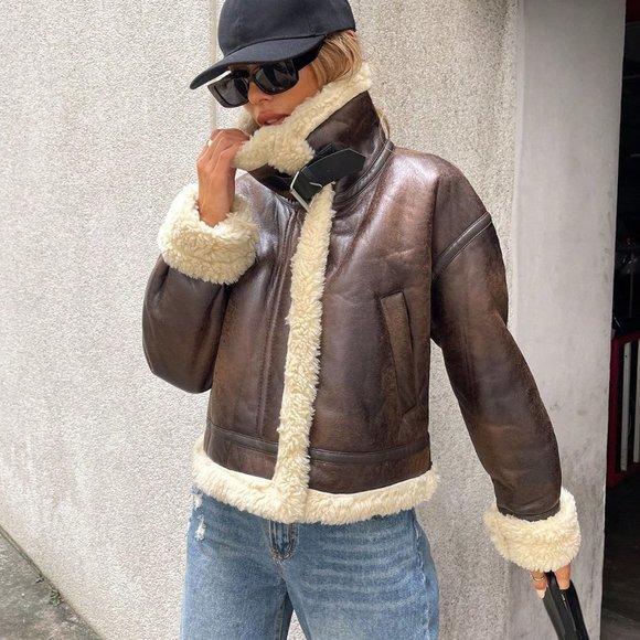 Brown Casual Womens Teddy Lined PU Leather Jacket - Picture 5 of 5